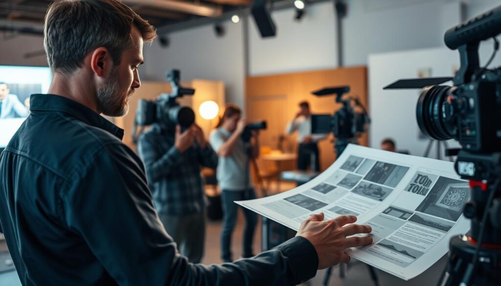 A meticulously crafted film production process, captured through the lens of a cinematic aesthetic. In the foreground, a director reviews storyboards, collaborating with a cinematographer to plan precise camera angles and lighting. In the middle ground, a production crew orchestrates the set, adjusting props and equipment with meticulous attention to detail. In the background, a state-of-the-art camera captures the scene, its sharp focus and shallow depth of field conveying the precision and artistry of the filmmaking craft. The atmosphere is one of focused intensity, as the team works in harmony to bring the product to life on the screen, creating a visually captivating and informative cinematic experience. A meticulously crafted film production process, captured through the lens of a cinematic aesthetic. In the foreground, a director reviews storyboards, collaborating with a cinematographer to plan precise camera angles and lighting. In the middle ground, a production crew orchestrates the set, adjusting props and equipment with meticulous attention to detail. In the background, a state-of-the-art camera captures the scene, its sharp focus and shallow depth of field conveying the precision and artistry of the filmmaking craft. The atmosphere is one of focused intensity, as the team works in harmony to bring the product to life on the screen, creating a visually captivating and informative cinematic experience.
